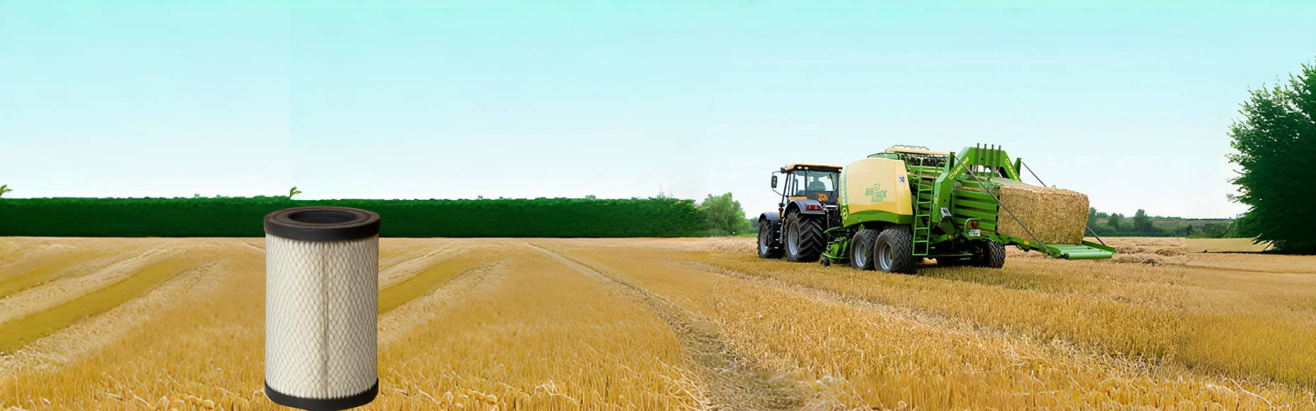 Green harvested grass in the fields, the photo in the foreground shows air filtration from agricultural machinery.