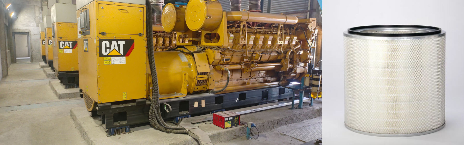 High-efficiency air filter in front of a diesel generator inside a power station, illustrating industrial filtration needs