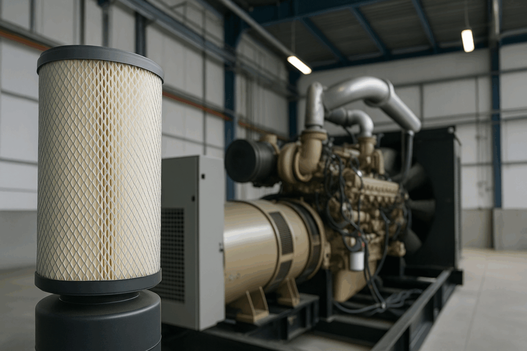 Why Diesel Generator Sets Must Use High-Efficiency Air Filters 1 High-efficiency air filter in front of a diesel generator inside a power station