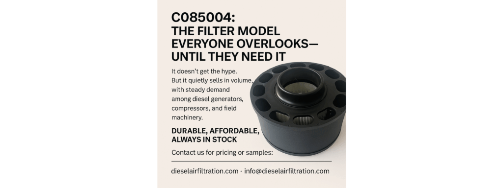 C085004 cylindrical air filter replacement for diesel generators and industrial compressors, high-durability construction with pleated filter media.