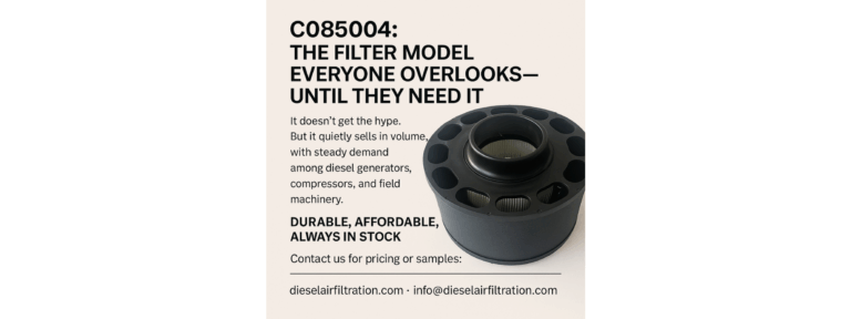 C085004 cylindrical air filter replacement for diesel generators and industrial compressors, high-durability construction with pleated filter media.