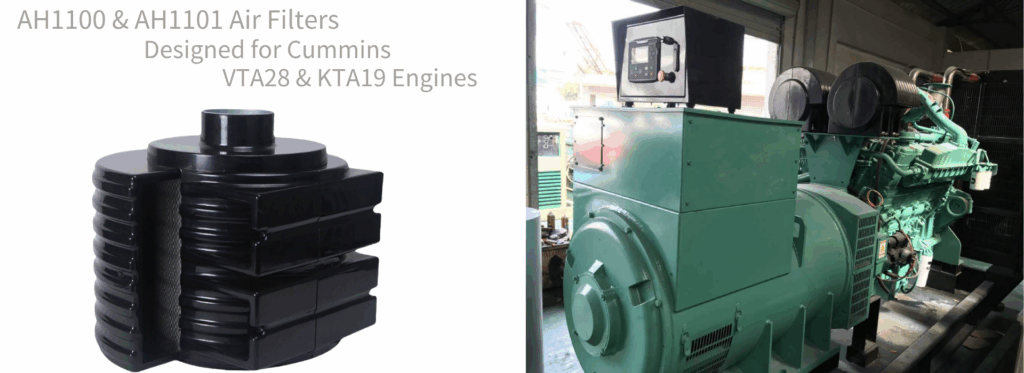 AH1100 and AH1101 air filters designed for Cummins VTA28 and KTA19 engines, shown with rugged housing and layered inlet duct structure.