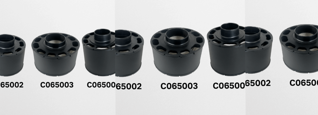 Five cylindrical air filters from the C065000 series designed for diesel engines and generator units, shown on a neutral background.
