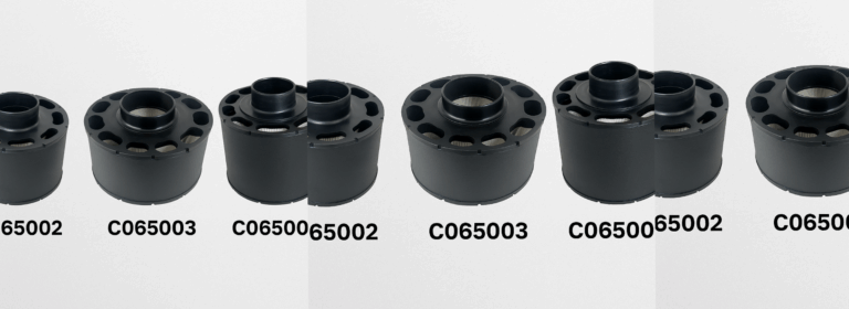 Five cylindrical air filters from the C065000 series designed for diesel engines and generator units, shown on a neutral background.