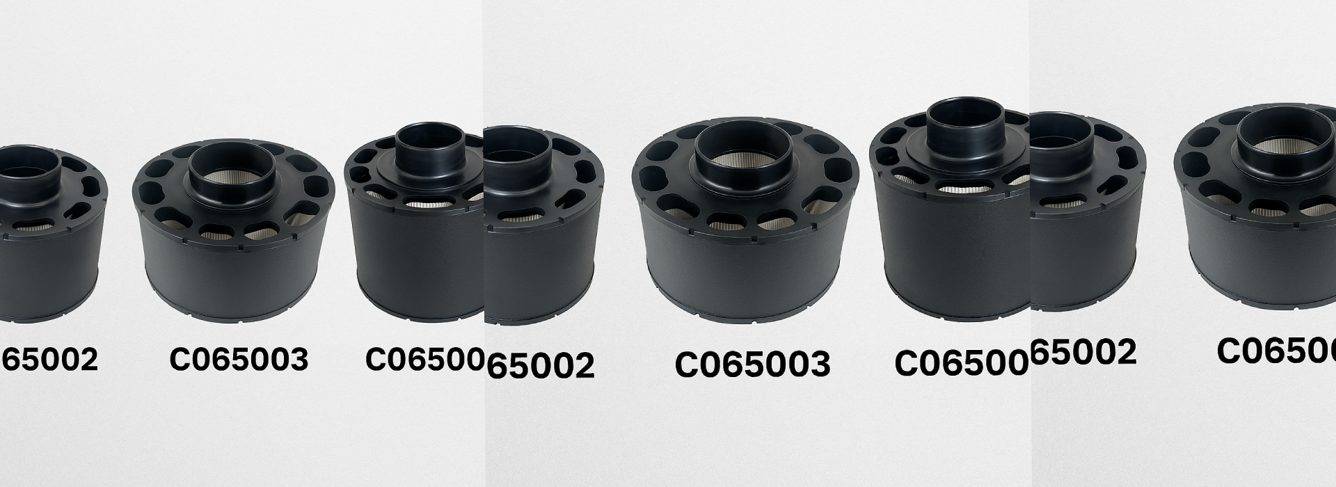 Five cylindrical air filters from the C065000 series designed for diesel engines and generator units, shown on a neutral background.