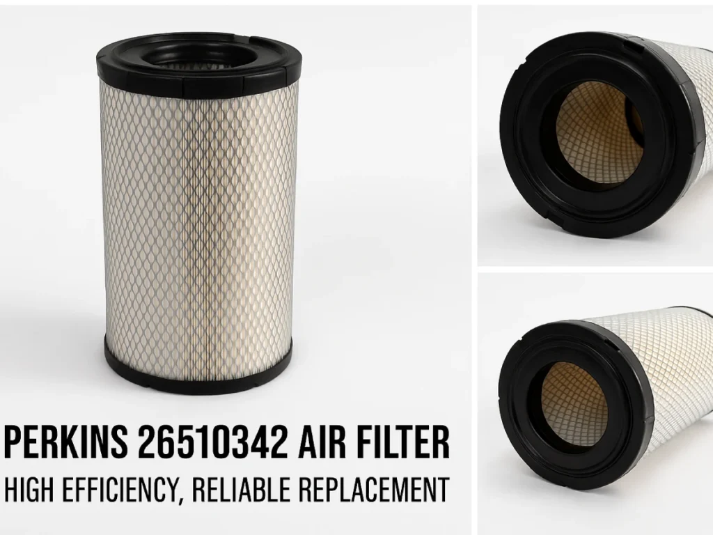 Perkins 26510342 air filter collage showing upright view and multiple angles, highlighting product details and replacement quality