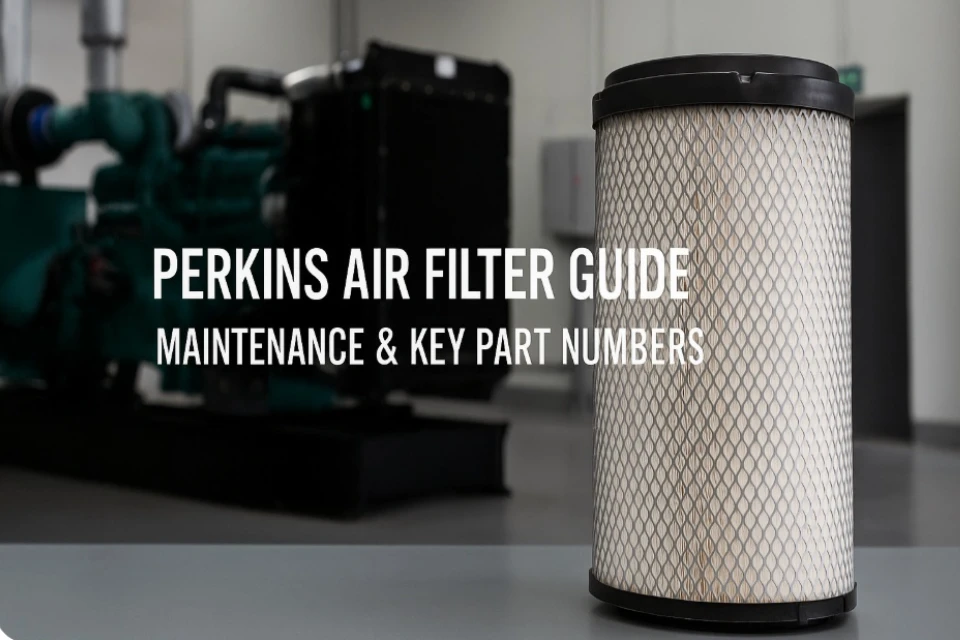Perkins air filter guide banner with industrial generator and cylindrical filter
