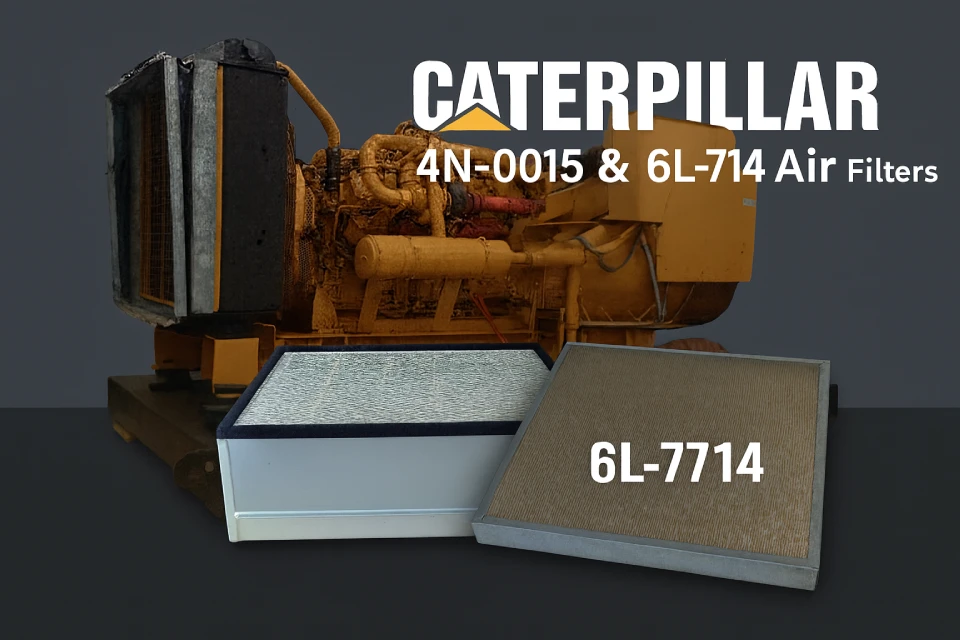 Caterpillar 4N-0015 and 6L-4714 air filters with generator background, showing engine and cabin protection