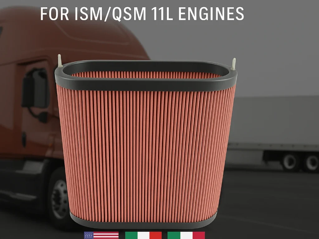 Cummins 4938908 air filter for ISM/QSM 11L engines, used in Freightliner, Kenworth, Peterbilt trucks, generators, and marine applications