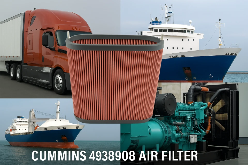 Cummins 4938908 air filter for ISM/QSM 11L engines, used in Freightliner, Kenworth, Peterbilt trucks, generators, and marine applications