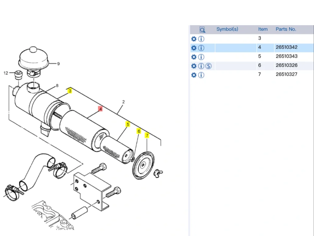Perkins 26510342 air filter assembly diagram and related part numbers