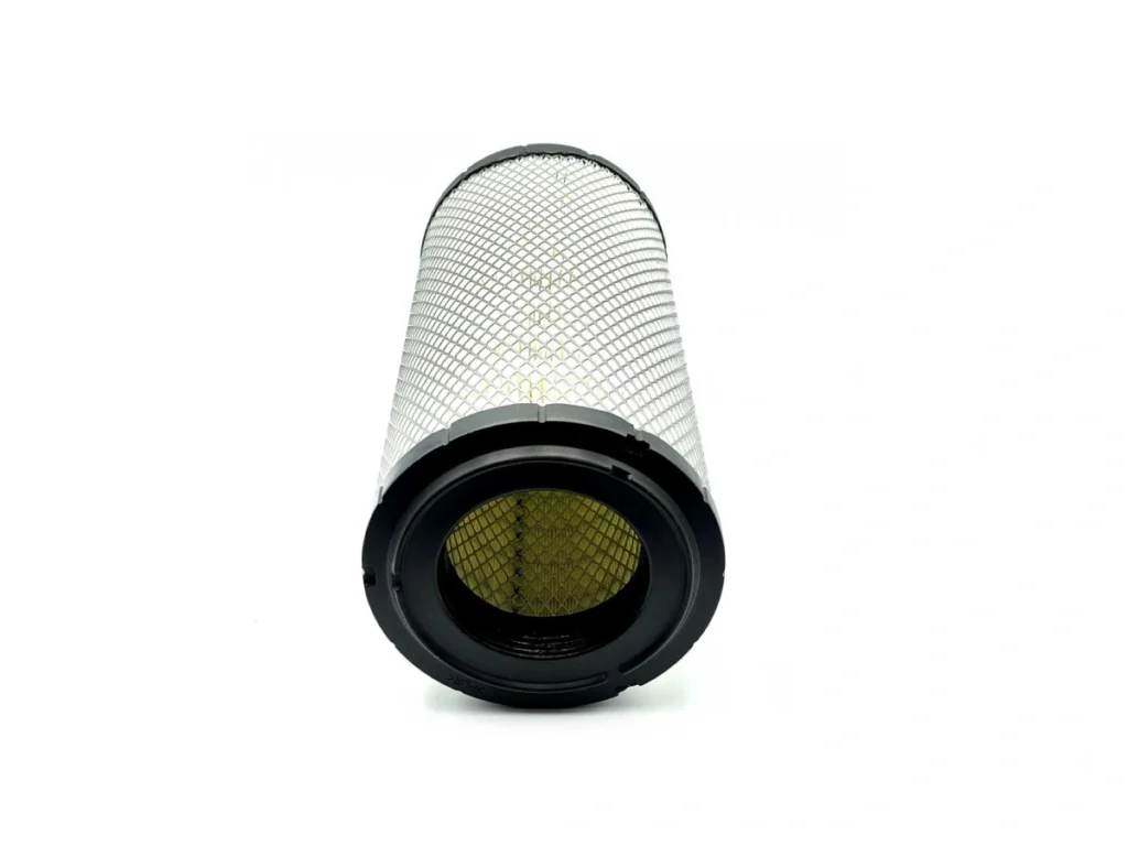 Front view of Perkins 26510342 air filter with metal mesh and PU sealing end cap