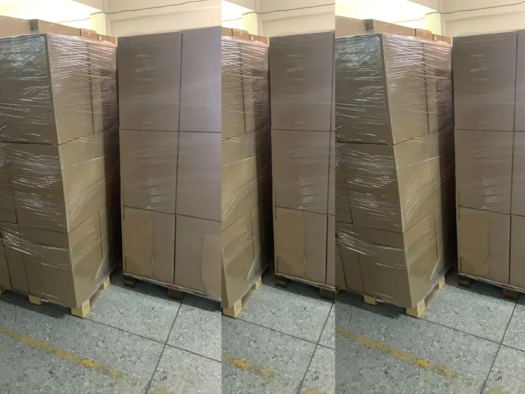 Palletized packaging of air filters wrapped with stretch film for export shipping