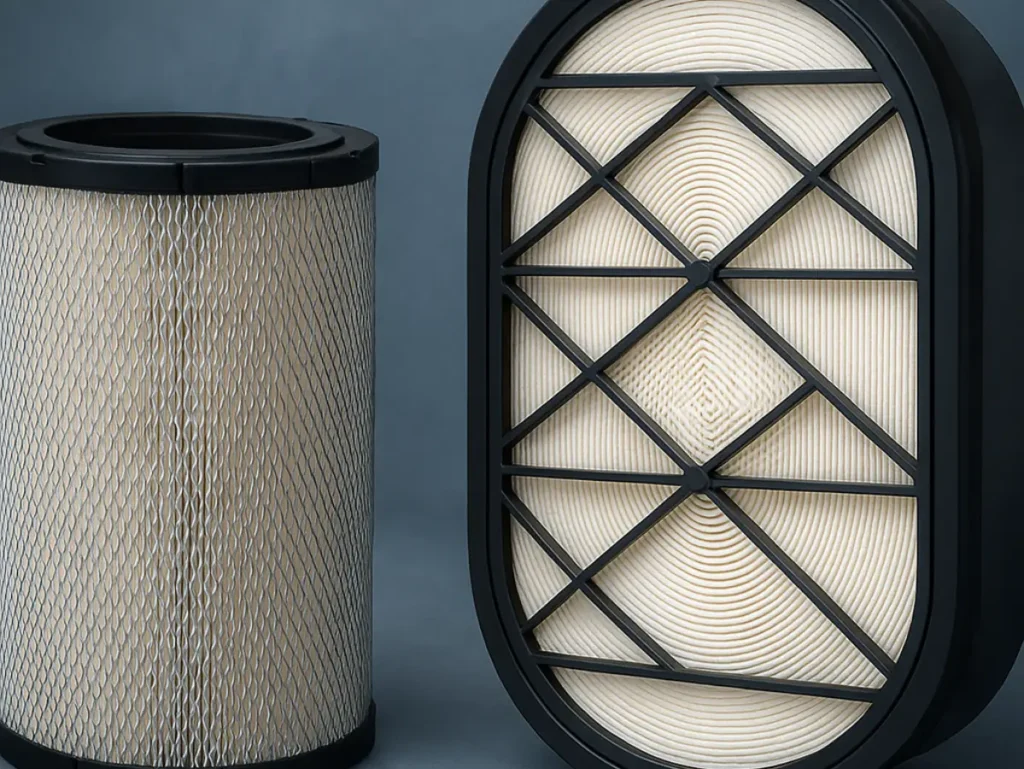 Air filter technical structure showing HV filter paper and PU sealing edge on a gray-blue industrial background, manufactured by Bowei Filter Factory for diesel generator applications.