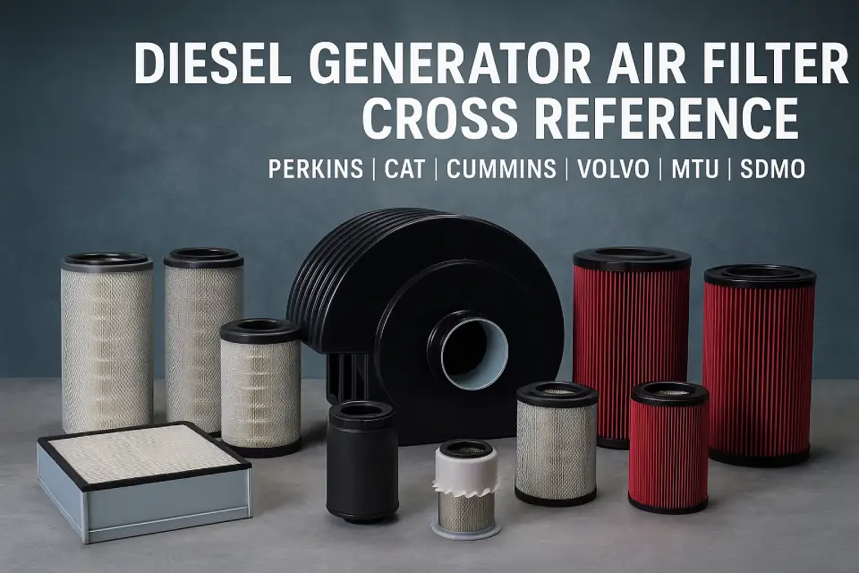 Diesel generator air filters of different brands and shapes arranged on gray-blue industrial background with text Diesel Generator Air Filter Cross Reference for Perkins, CAT, Cummins, Volvo, MTU, SDMO by Bowei Filter Factory.