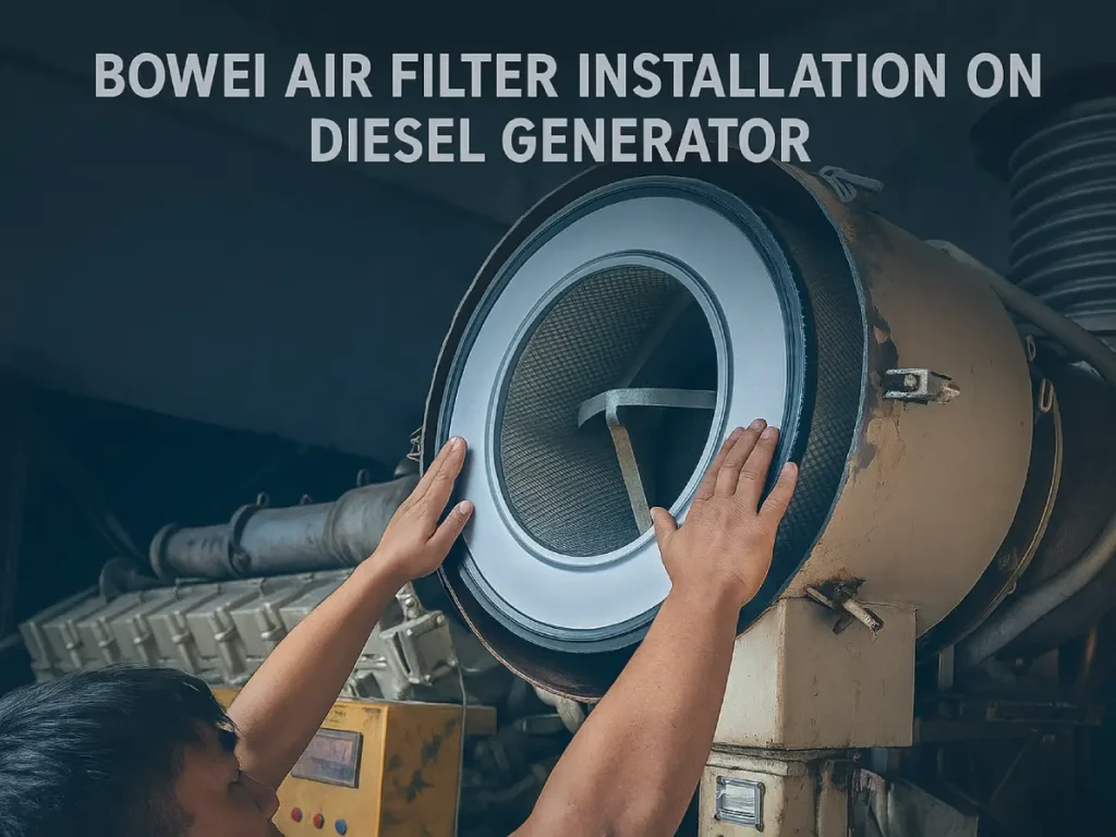 Technician installing Bowei air filter on a diesel generator in an industrial plant, showing real application scene for Perkins and CAT engines.
