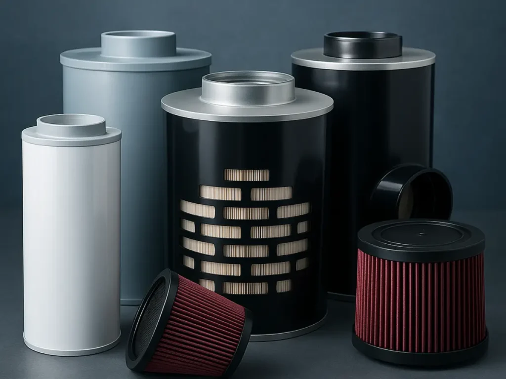 Six different diesel generator air filters of various shapes and brands displayed on a gray-blue industrial background for cross reference by Bowei Filter Factory.