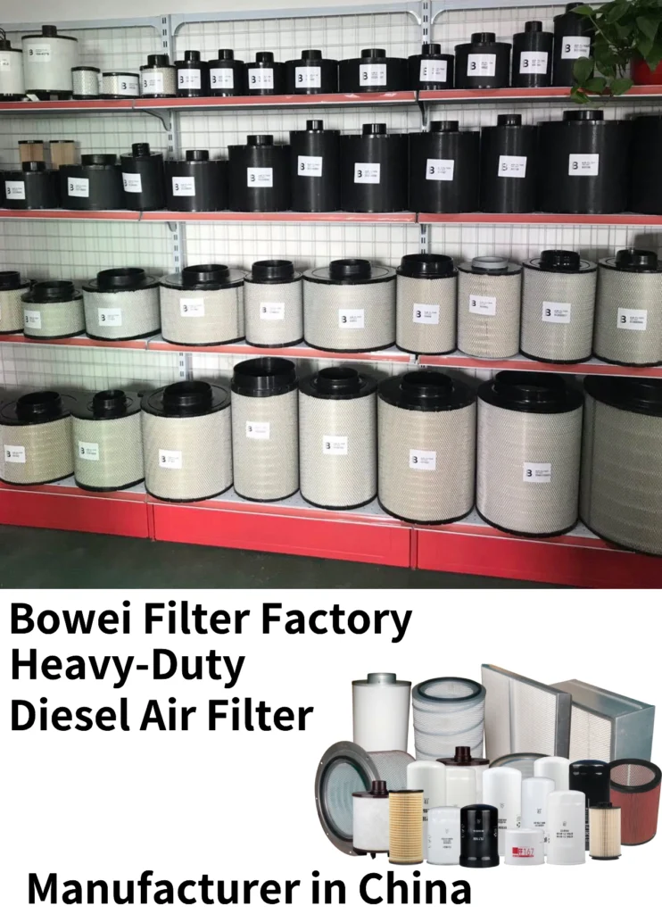 Display of heavy-duty diesel air filters manufactured by Bowei Filter Factory in China