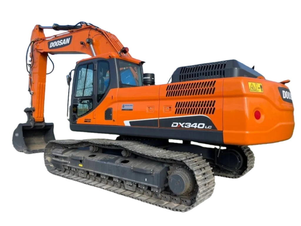 Doosan DX340 excavator showing the engine air filter housing
