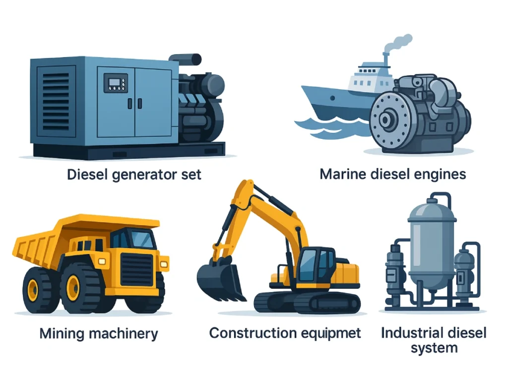 Application areas for Bowei filter products including diesel generator sets, marine diesel engines, mining machinery, construction equipment, and industrial diesel systems.