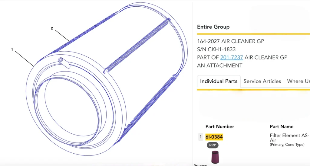 Caterpillar 6I0384 OEM drawing reference for air cleaner assembly