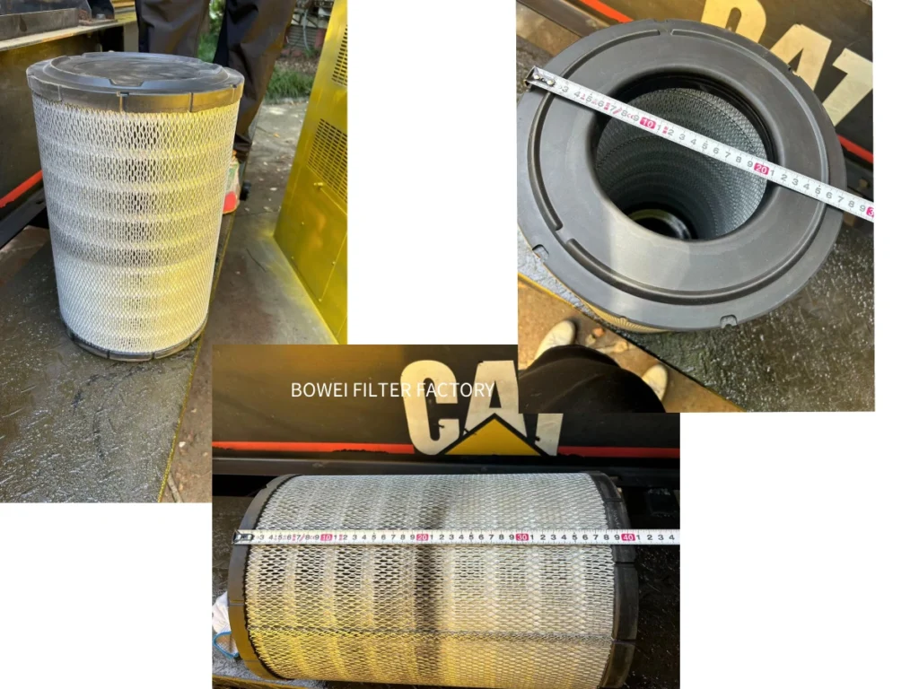 Measuring diesel generator air filter dimensions including height and inside diameter on site