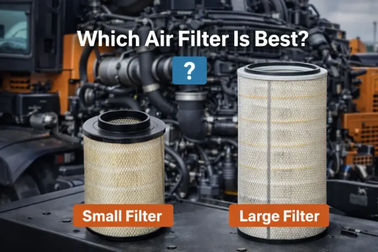 comparison of diesel engine air filters showing small vs large filter for heavy equipment applications