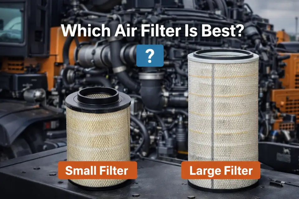comparison of diesel engine air filters showing small vs large filter for heavy equipment applications