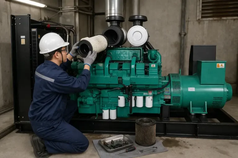 technician performing daily maintenance on Cummins air filter in diesel generator system