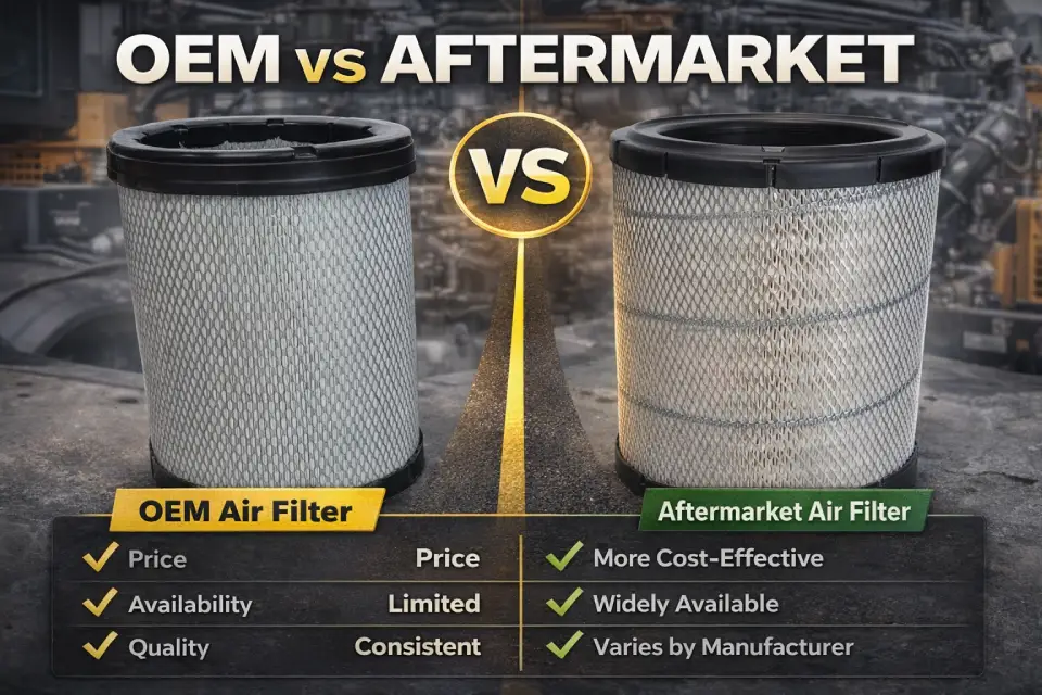 OEM vs aftermarket diesel engine air filter comparison showing differences in price availability and quality